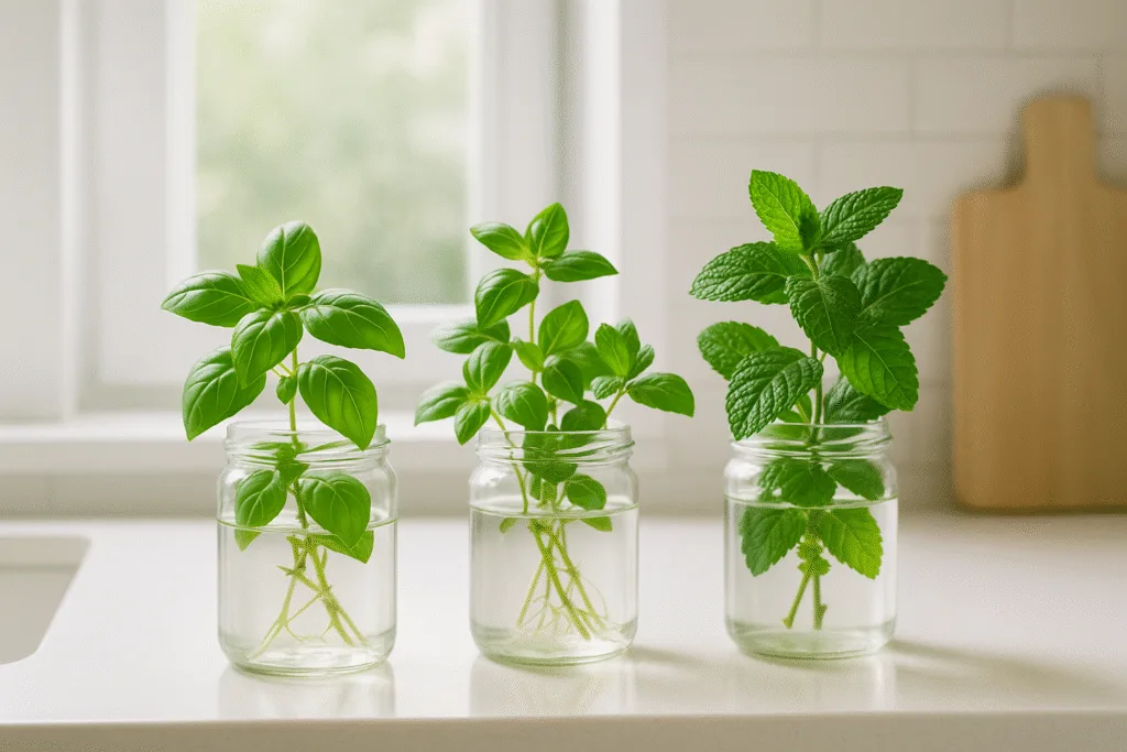 herbs growing without soil in clear glass jars