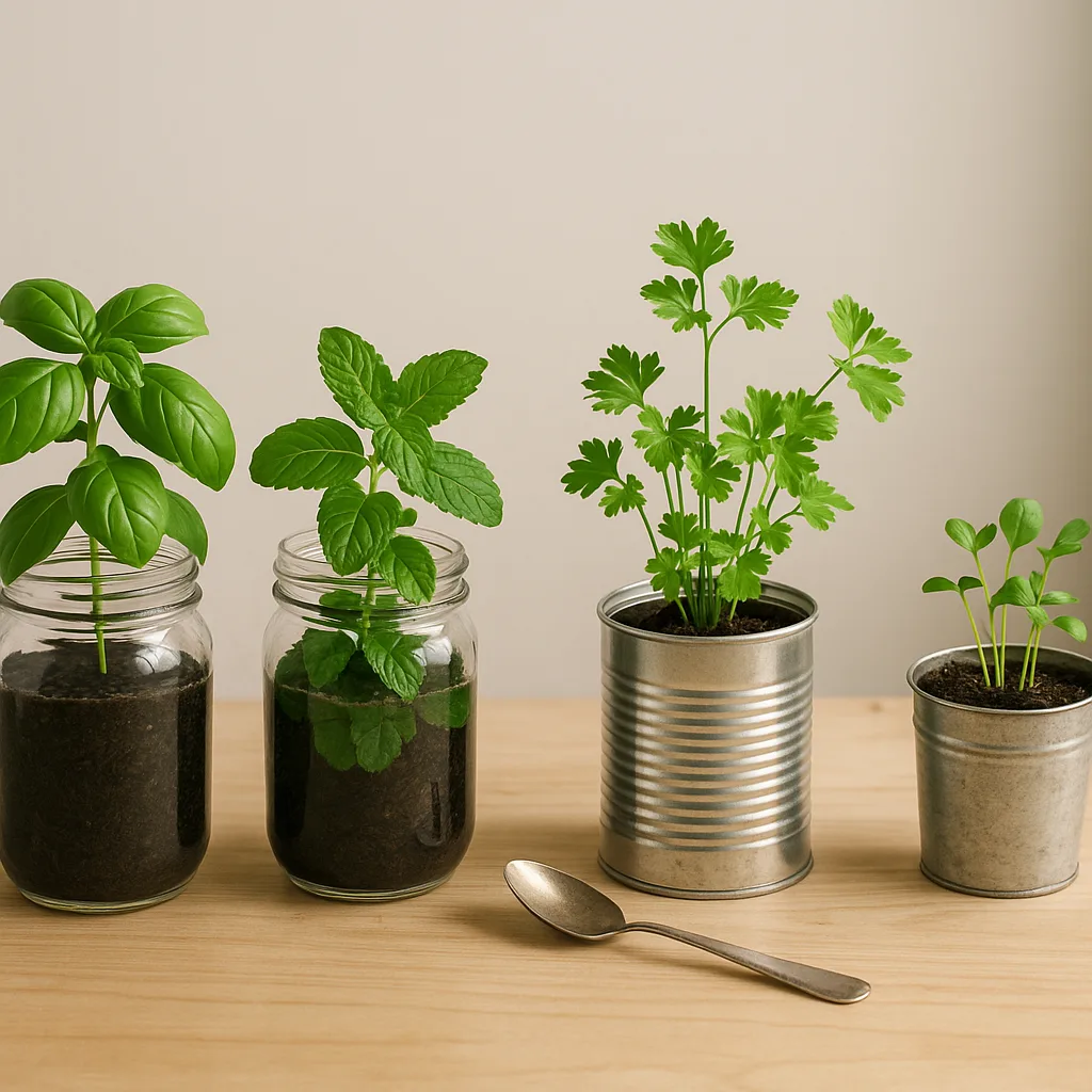 indoor gardening with household items like jars, cans and spoons