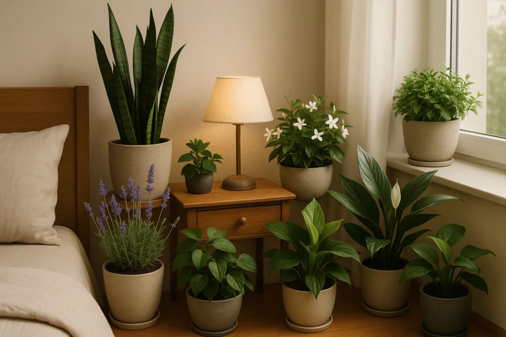 plants for sleep and anxiety arranged beside a bed in a peaceful bedroom