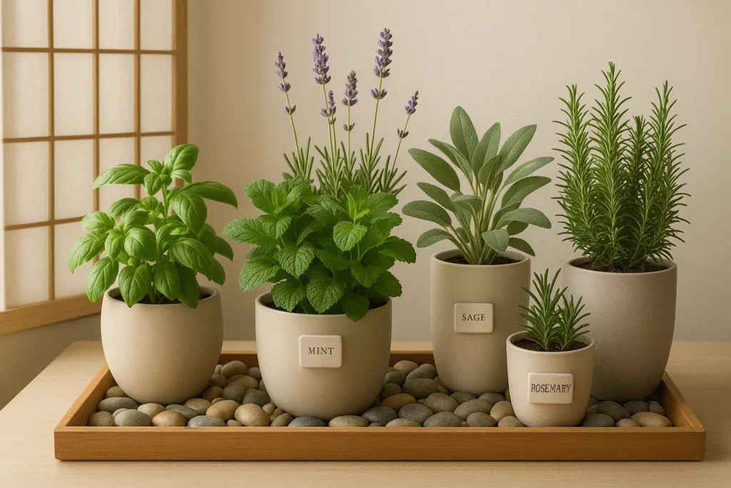 zen herb garden indoors with calming arrangement of basil, sage, lavender in ceramic containers