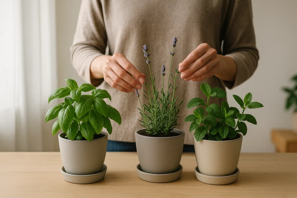 person practicing gardening for stress relief indoors with small herb pots