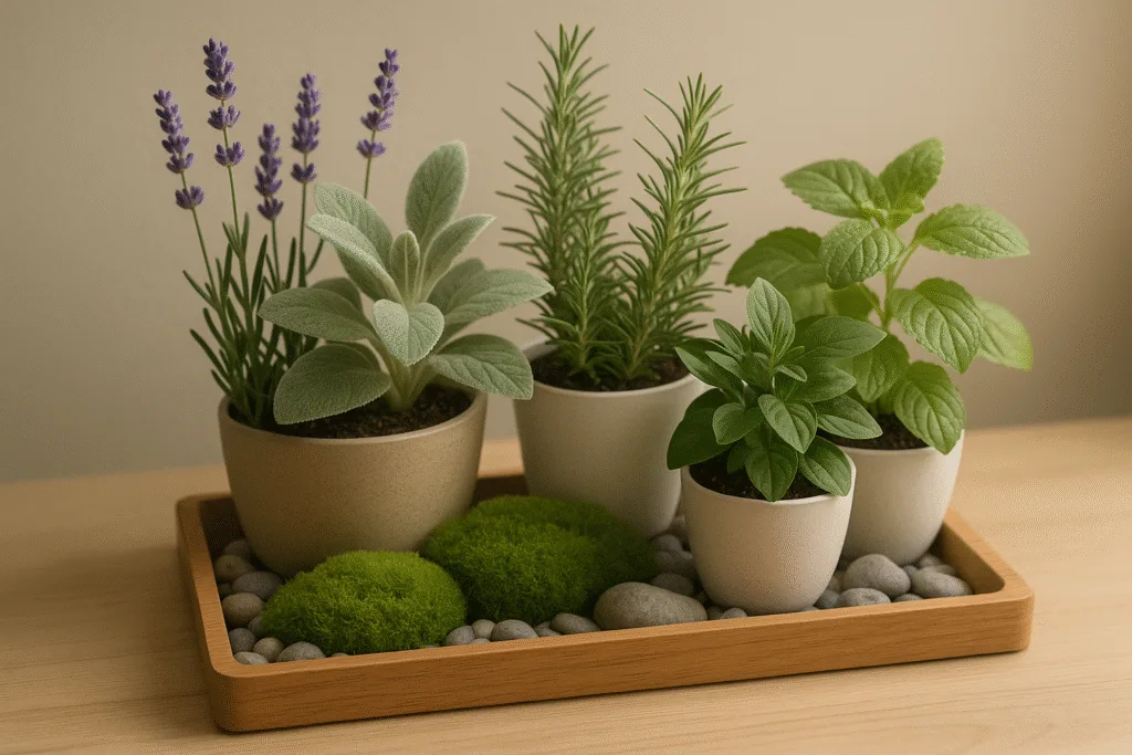 sensory garden indoor setup featuring tactile and aromatic plants on a tray