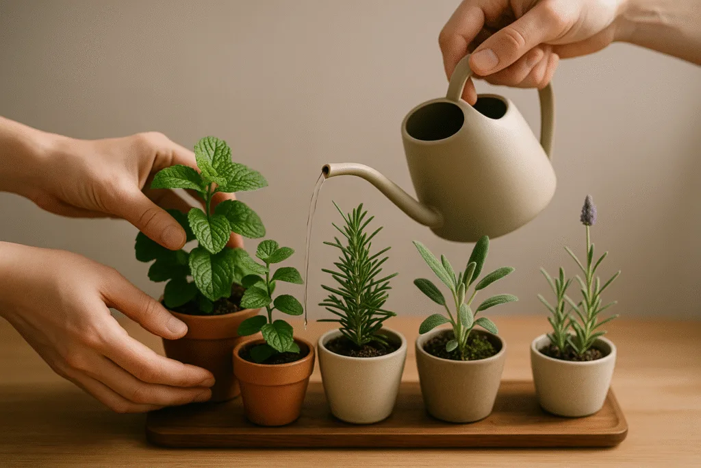 person gently watering indoor plants with calm lighting for quick gardening relaxation