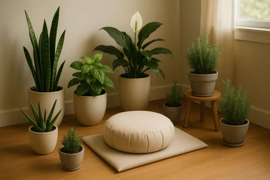 indoor plants for meditation arranged around a cushion with low lighting