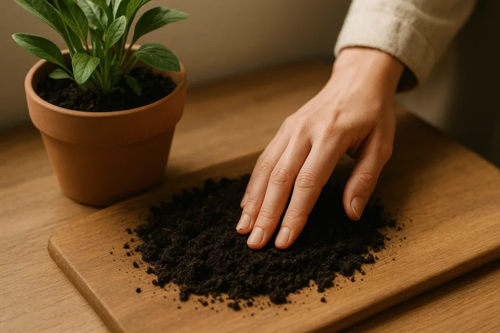 hands touching indoor plant soil for gardening and mental health benefits