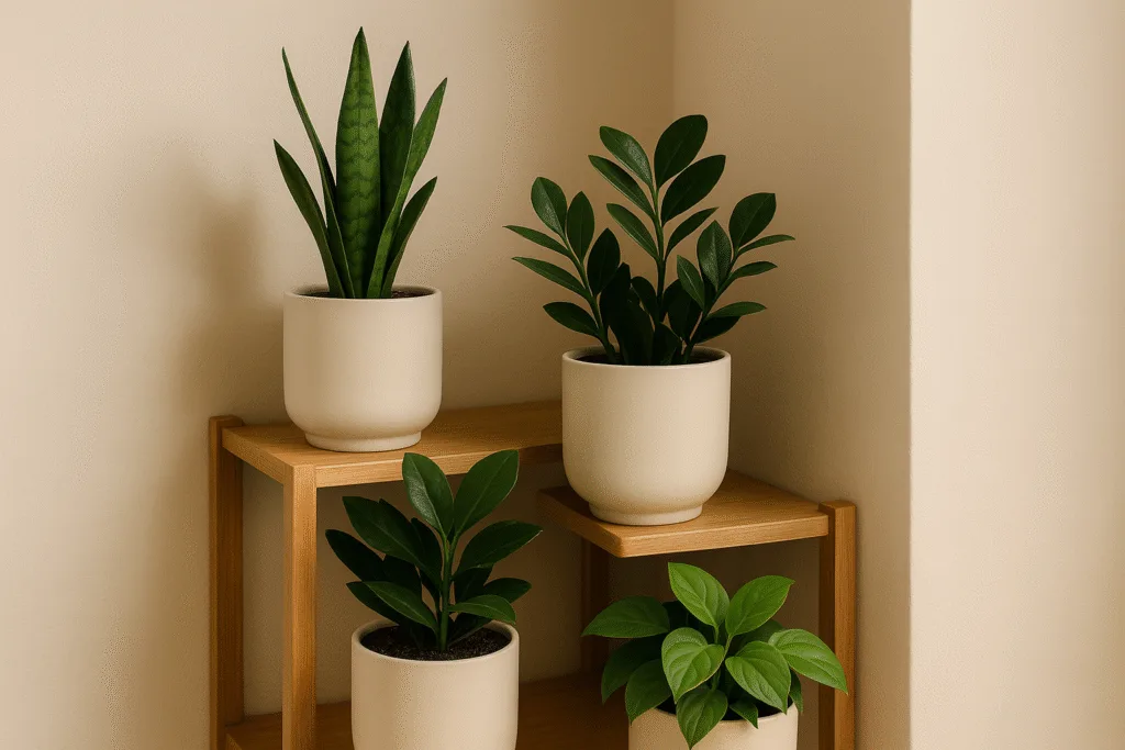 low maintenance indoor plants arranged in calm neutral ceramic containers for relaxation and stress relief