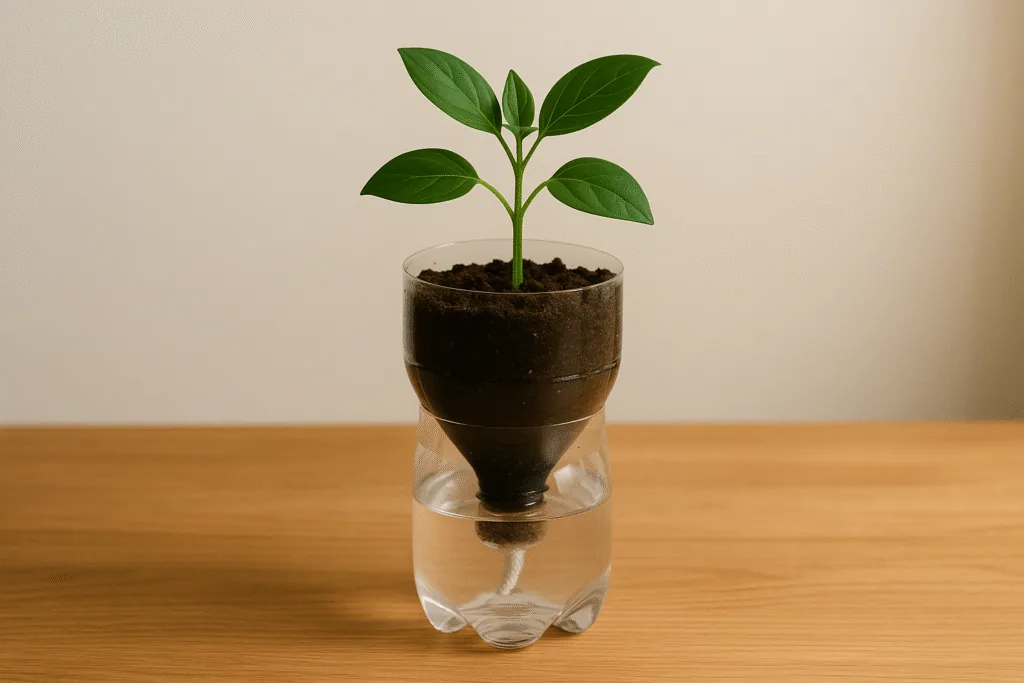 diy self watering bottle planter made from recycled plastic with green indoor plant