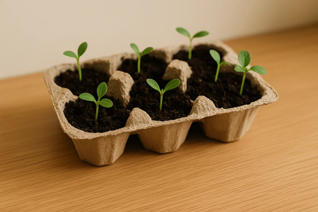 egg carton seed starters filled with soil and sprouting seedlings