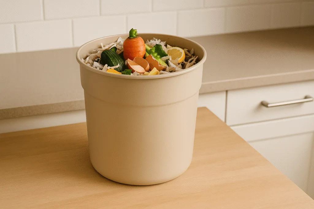 indoor compost bin shown with layers of food scraps and shredded paper for odorless composting