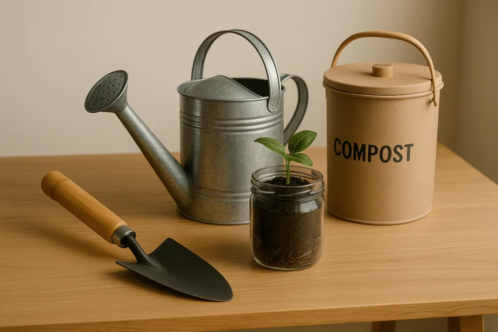 set of eco friendly gardening tools including bamboo handled trowel, steel watering can, and compost bucket