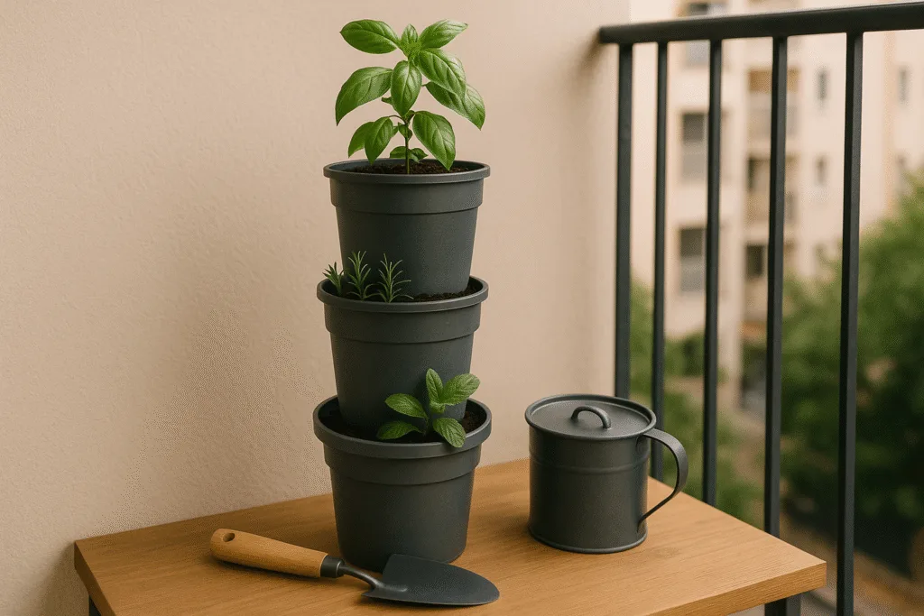 DIY bucket herb tower made from recycled buckets growing different herbs stacked in a vertical layout