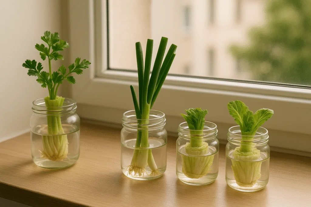 kitchen scraps like lettuce, scallions, and celery regrowing in jars on a windowsill
