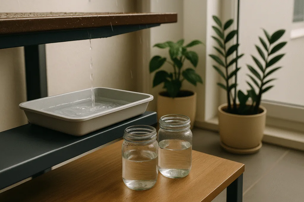 indoor rainwater collection setup using a bowl under a balcony drain and glass jars storing water
