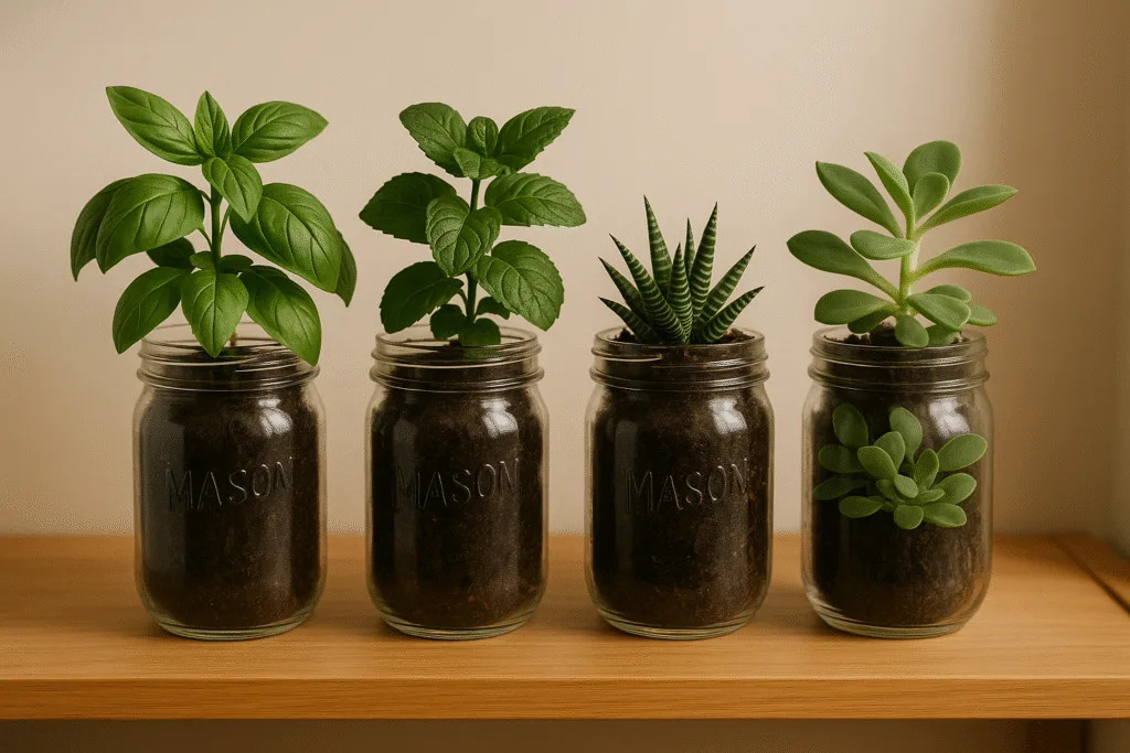 mason jars repurposed as indoor planters with herbs and succulents on wooden shelf