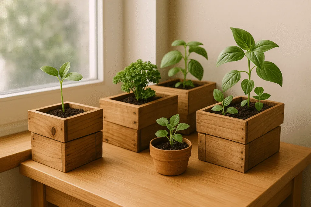 small indoor planter shelf and box made from recycled pallet wood holding succulents and herbs