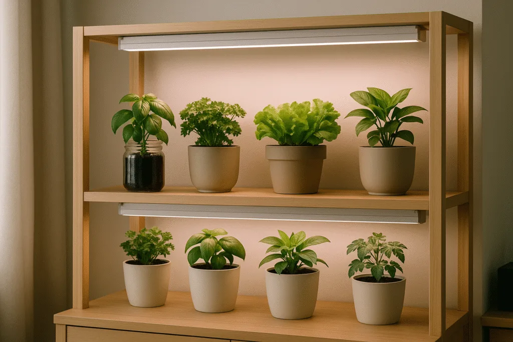 LED grow lights shining over indoor plant shelf with several houseplants