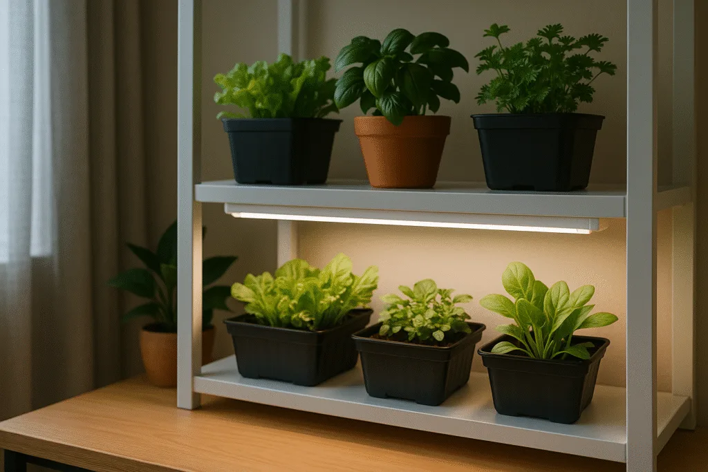 indoor vegetable setup under LED grow lights showing leafy greens growing in recycled containers