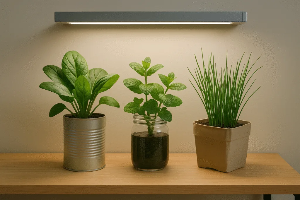 leafy greens and herbs growing in containers indoors under low LED lighting