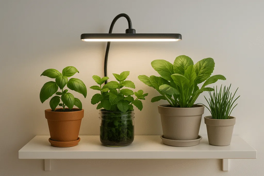 indoor plants under clip-on grow light on a small shelf in a budget setup
