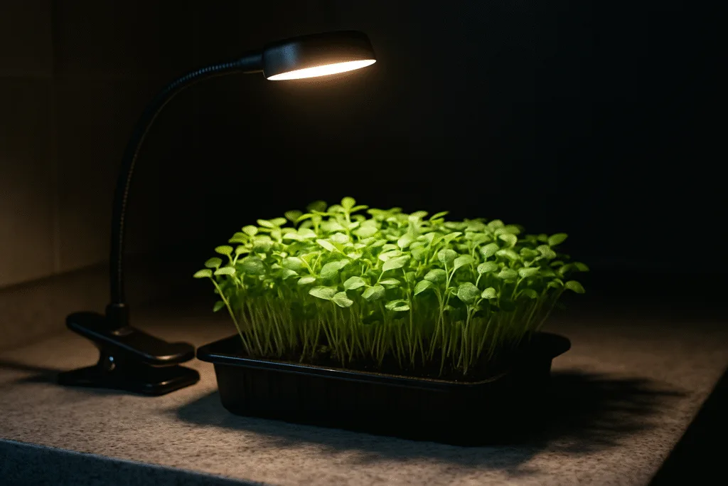 tray of microgreens growing indoors under LED light on a kitchen counter