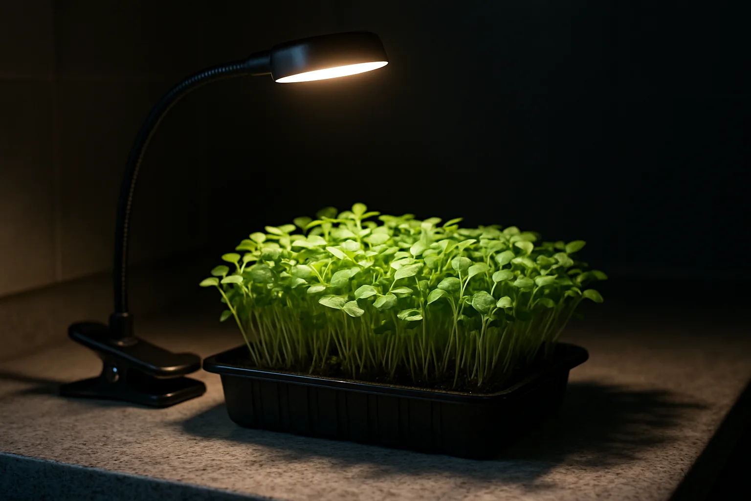 tray of microgreens growing indoors under LED light on a kitchen counter