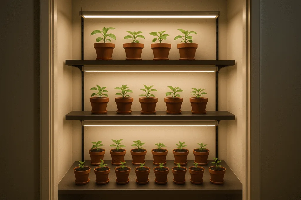 small indoor grow room setup inside a closet with LED lights, plants on shelves