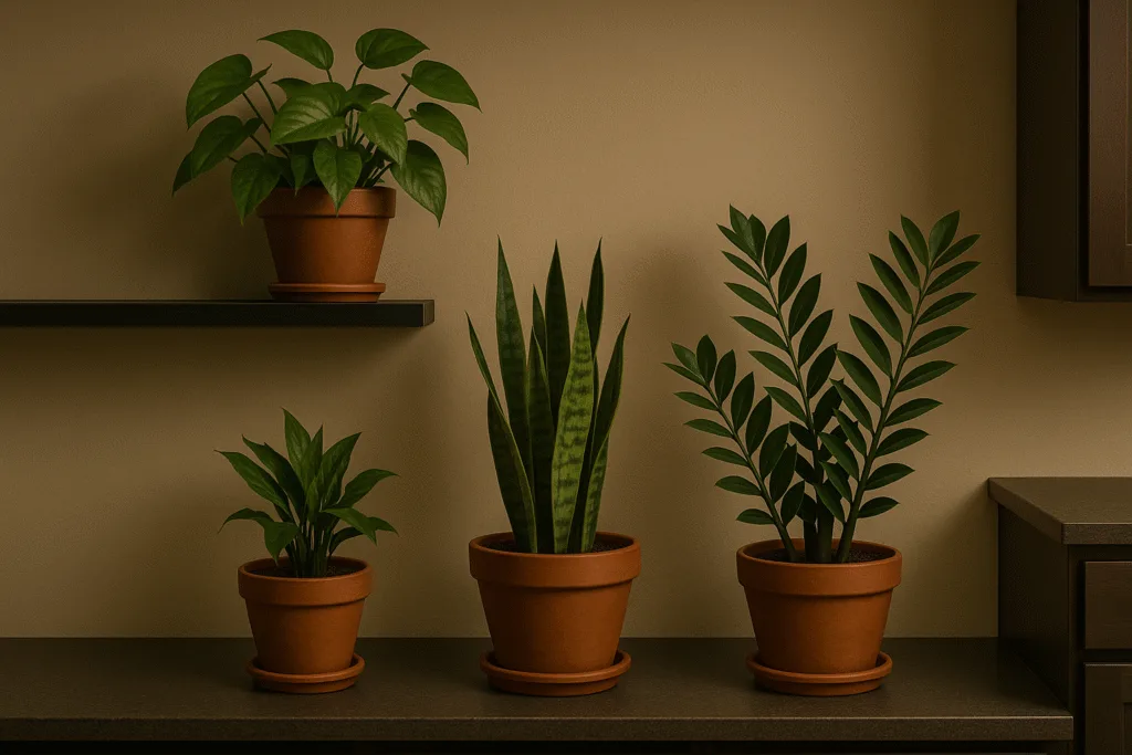 assorted low-light indoor plants on a desk and shelves in a room without windows