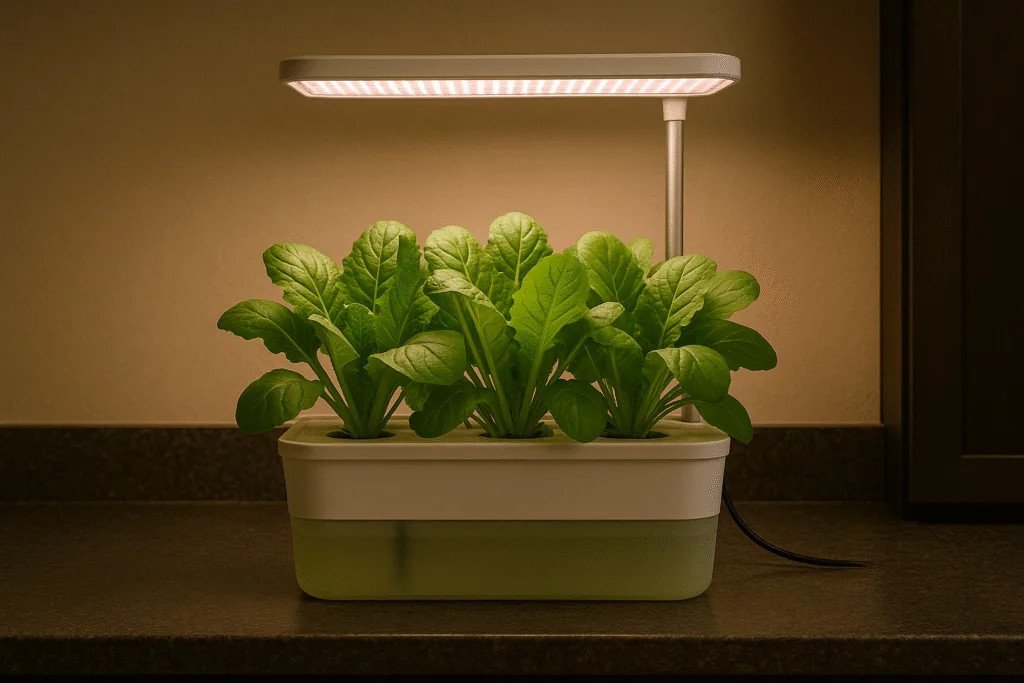 small hydroponic indoor setup with LED grow lights and leafy greens
